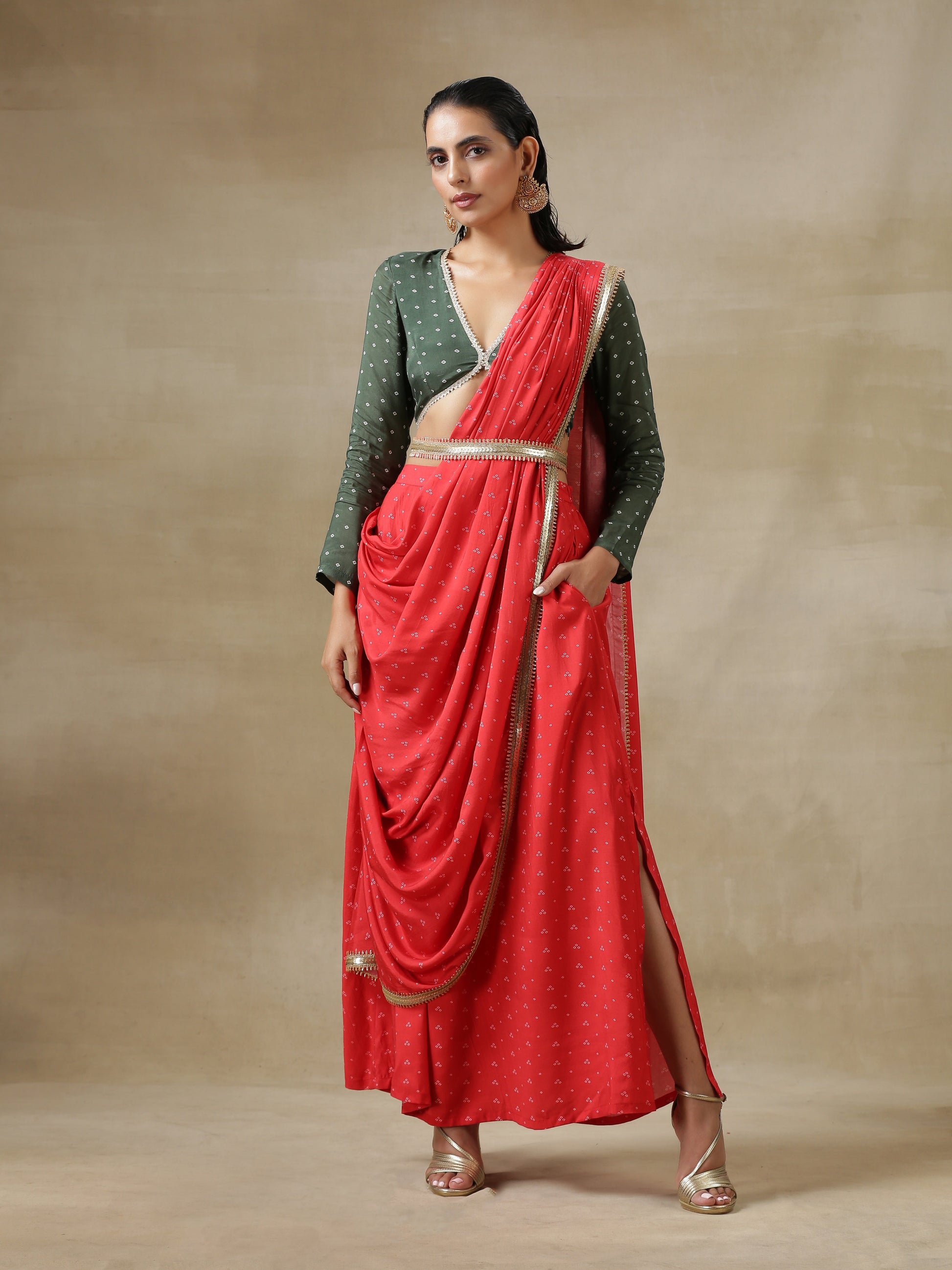 trueBrowns Red Bandhani Printed Silk Skirt Stitched Saree with Belt | Swadesiicart