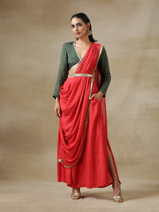 trueBrowns Red Bandhani Printed Silk Skirt Stitched Saree with Belt | Swadesiicart