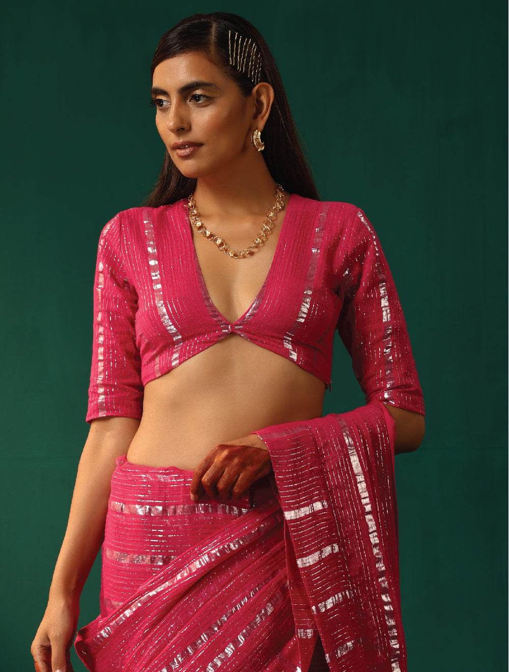 trueBrowns Rani Pink Cotton Silver Lurex Deep V-Neck Blouse | Swadesiicart