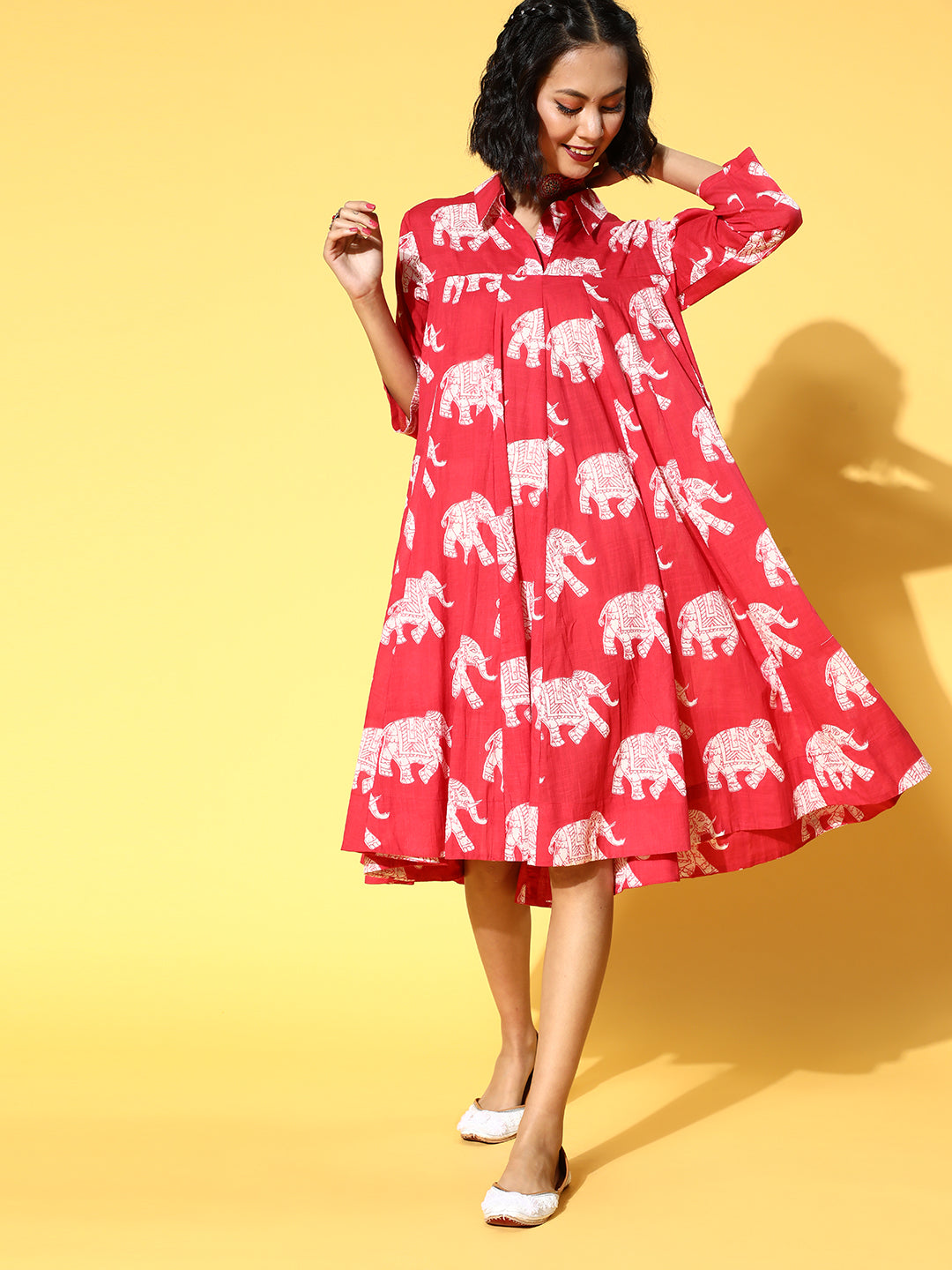InWeave Red Elephant Flared Dress - Swadesiicart