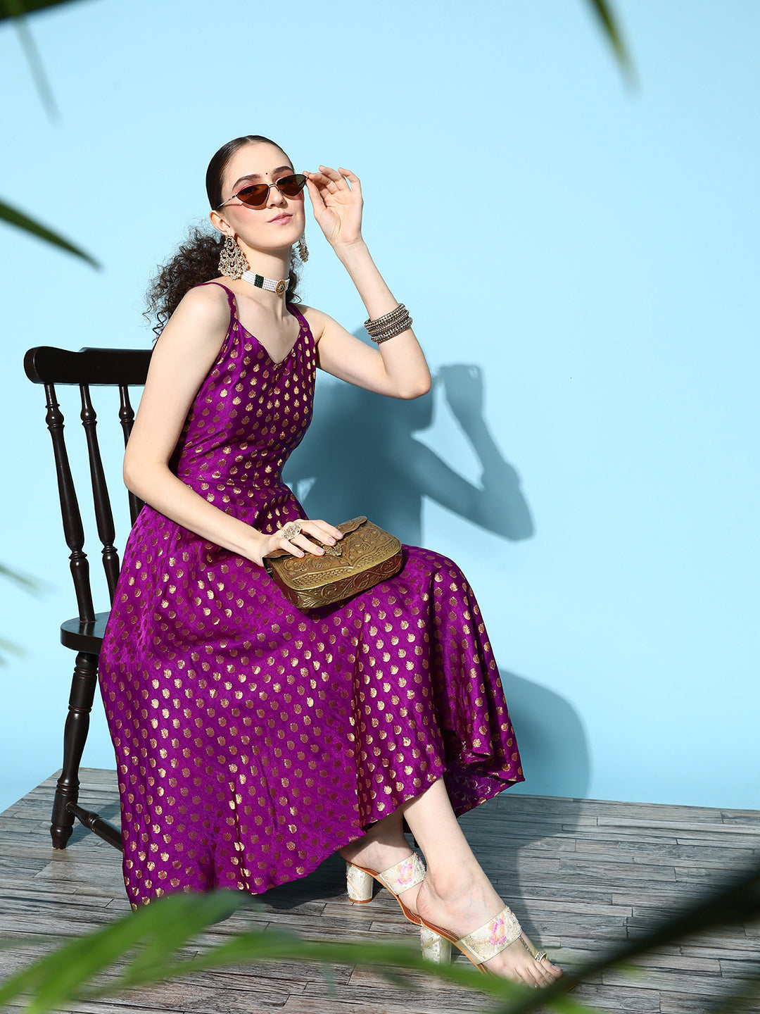 InWeave Women's Wine Gold Small Boota Long Dress - Swadesiicart