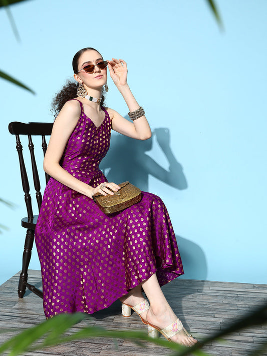 InWeave Women's Wine Gold Small Boota Long Dress - Swadesiicart