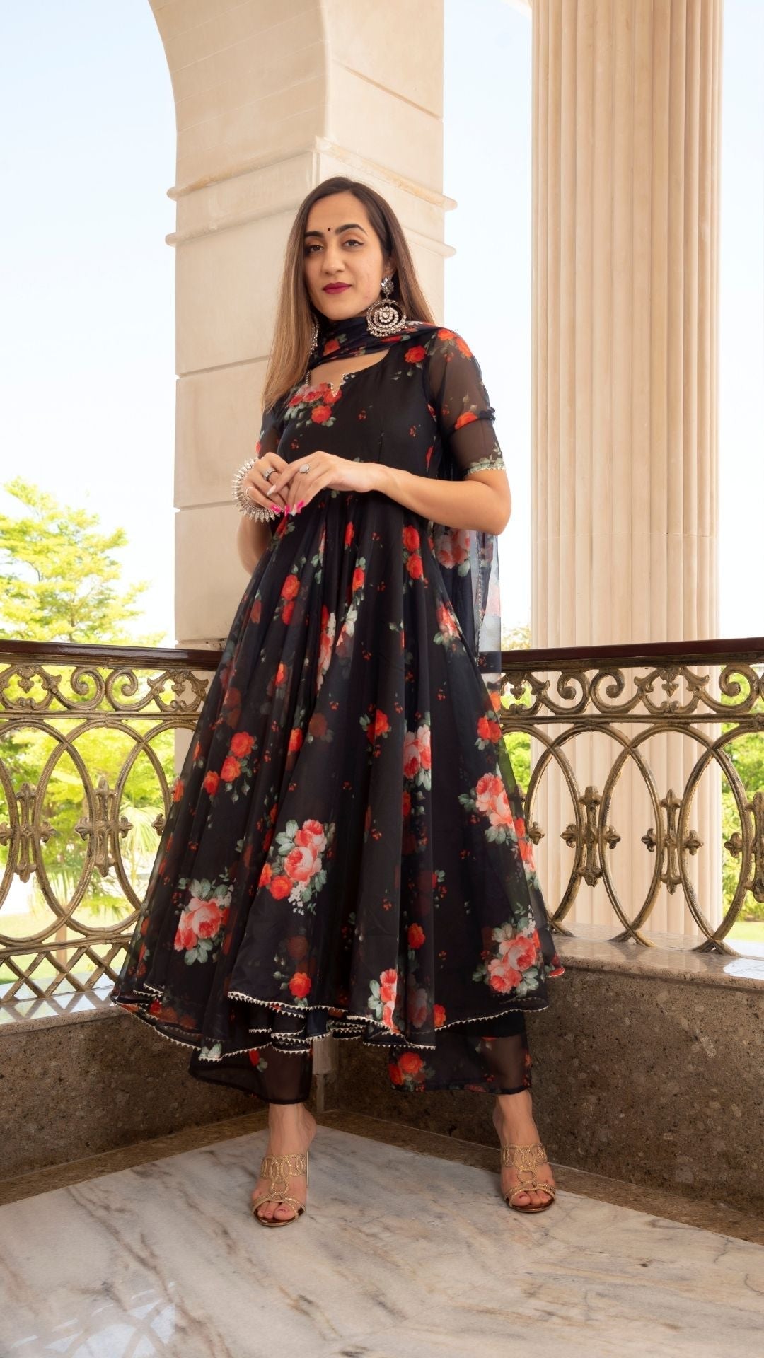Pomcha Jaipur Red And Black Organza Anarkali Set | Swadesiicart