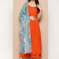 InWeave Women's Orange Strappy Set With Blue Chinnon Print Silk Dupatta - Swadesiicart