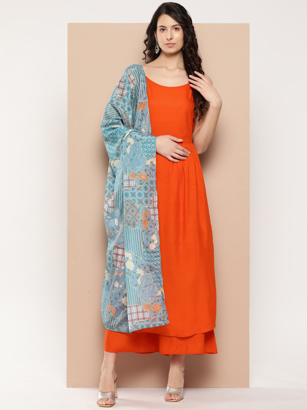 InWeave Women's Orange Strappy Set With Blue Chinnon Print Silk Dupatta - Swadesiicart