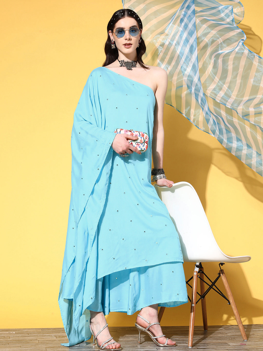 InWeave Women's Sky Blue Mirror Work One Shoulder Kurta Set With Dupatta - Swadesiicart