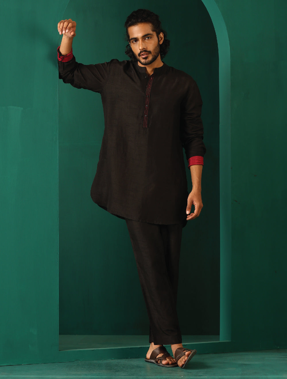 trueBrowns Men's Black Silk Co-ord Set Stitch Detail - Swadesiicart