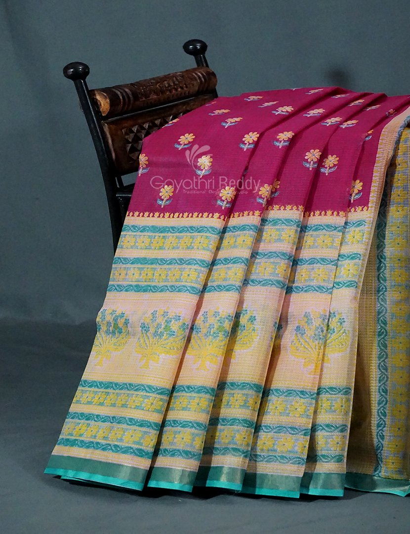 Magenta Pink And Mint Green Block Print Pure Kota Cotton Saree By Gayathri Reddy Designer Studio | Swadesiicart