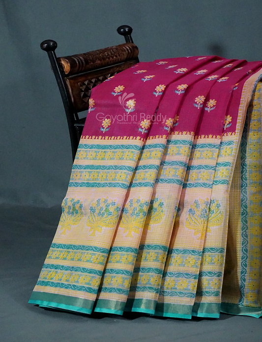 Magenta Pink And Mint Green Block Print Pure Kota Cotton Saree By Gayathri Reddy Designer Studio | Swadesiicart