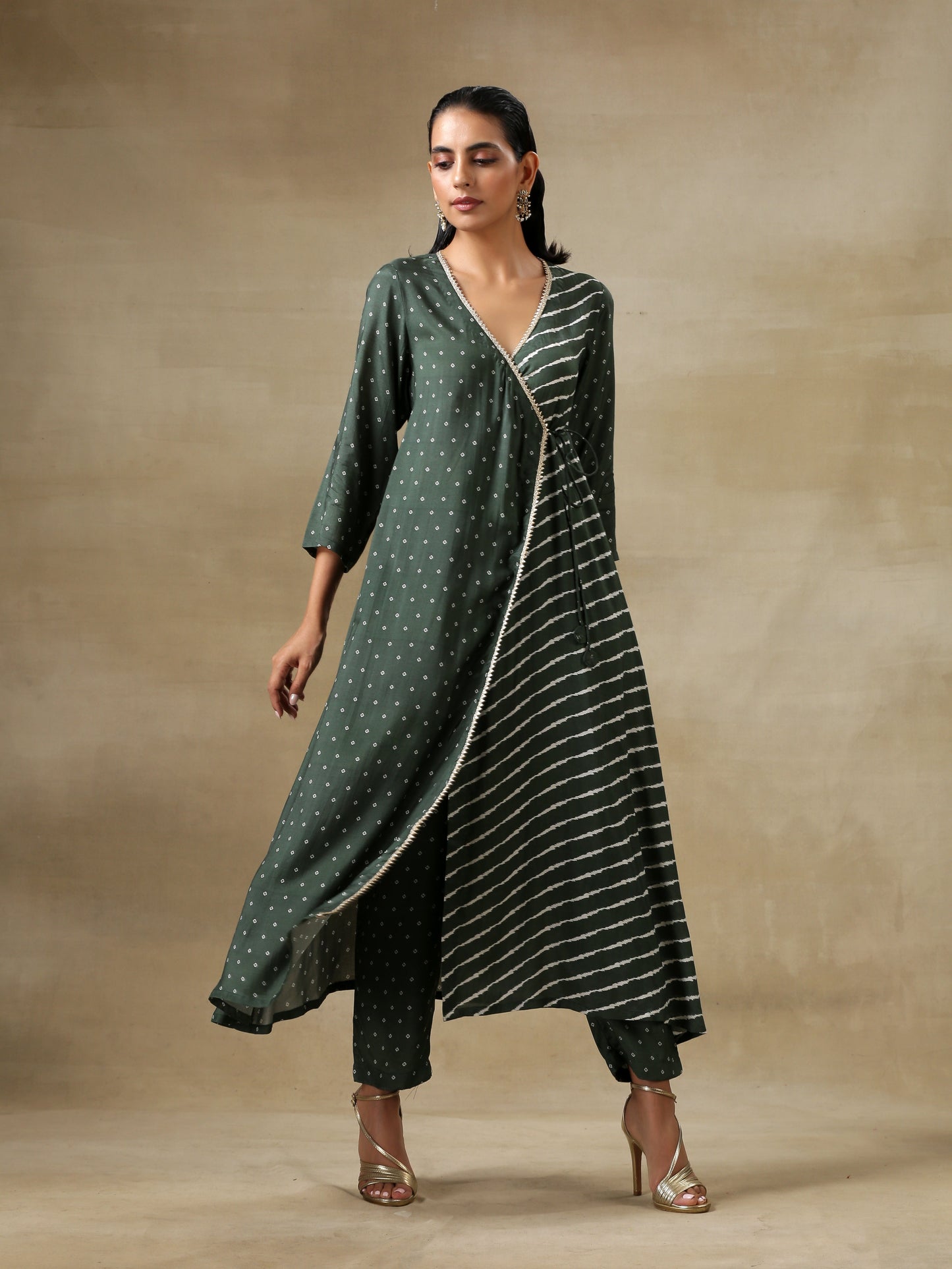 trueBrowns Dark Green Bandhani Printed Silk Angrakha Kurta Pant Set | Swadesiicart