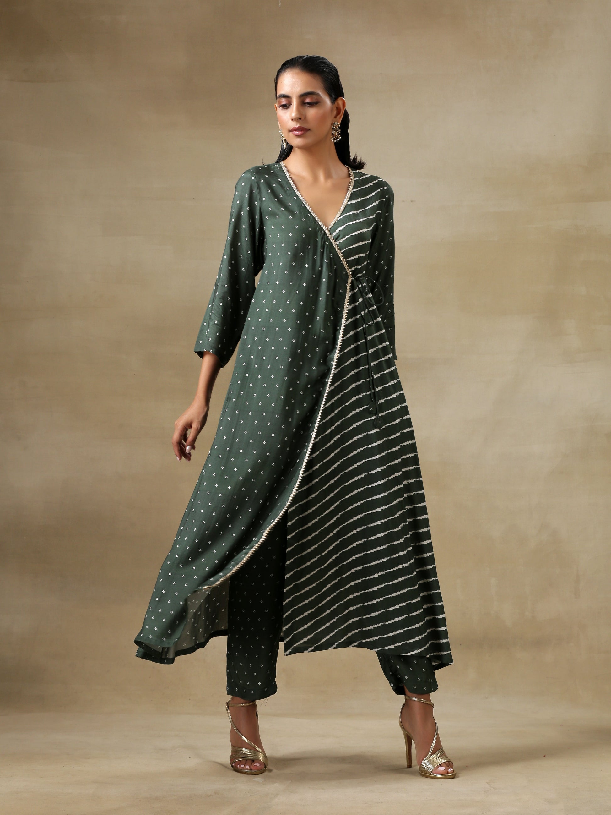 trueBrowns Dark Green Bandhani Printed Silk Angrakha Kurta Pant Set | Swadesiicart