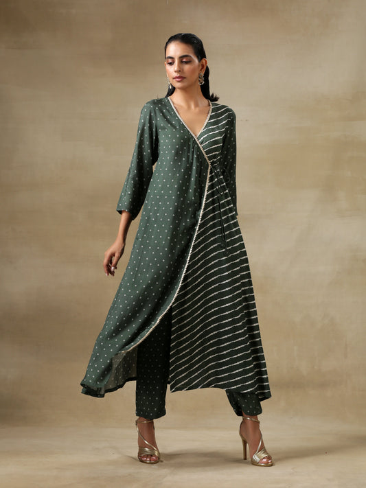 trueBrowns Dark Green Bandhani Printed Silk Angrakha Kurta Pant Set | Swadesiicart