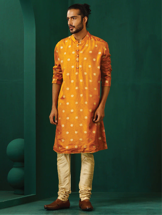 trueBrowns Men's Mustard Geometric Floral Viscose Silk Long Kurta | Swadesiicart