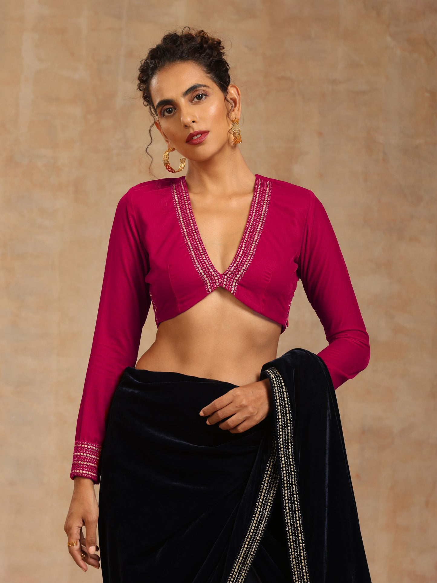 trueBrowns Rani Pink Velvet Embroidered Blouse | Swadesiicart
