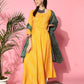 InWeave Women's Yellow Bandhani Long Anarkali Kurta With Green Bandhani Dupatta - Swadesiicart