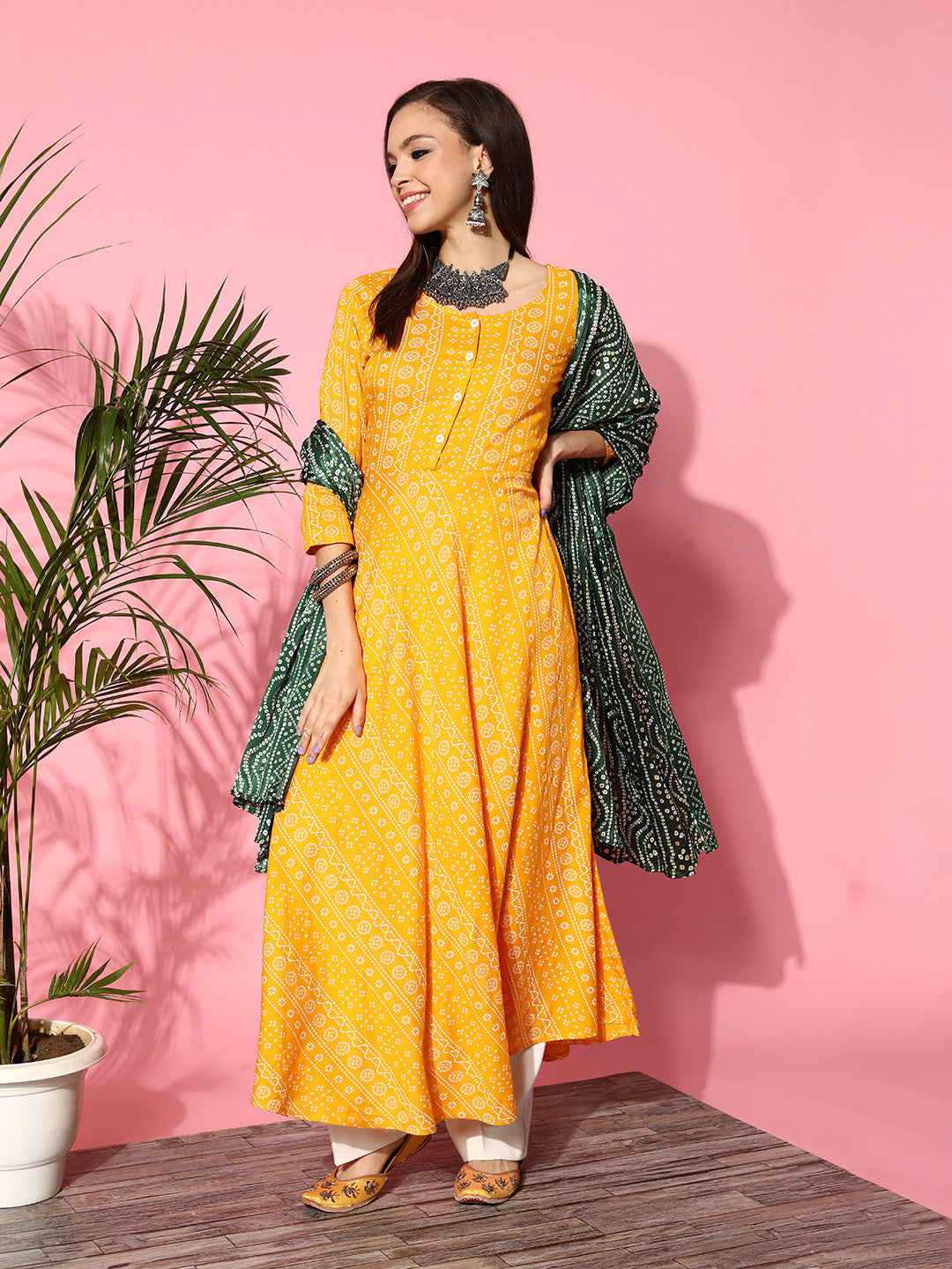 InWeave Women's Yellow Bandhani Long Anarkali Kurta With Green Bandhani Dupatta - Swadesiicart