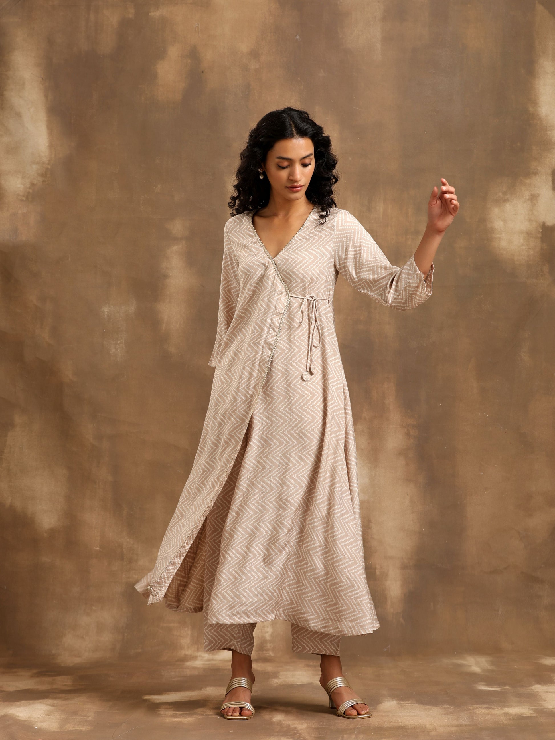 trueBrowns Beige Zig-Zag Print Silk Angrakha Kurta Pant Set | Swadesiicart