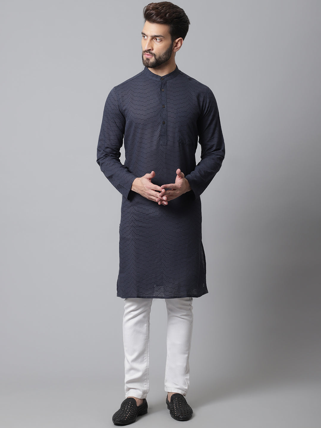 Even Apparels Blue Pure Cotton Kurta With Band Collar | Swadesiicart
