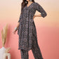 InWeave Black Maroon Ajrakh Foil V Neck Flared Kurta Pant Set - Swadesiicart