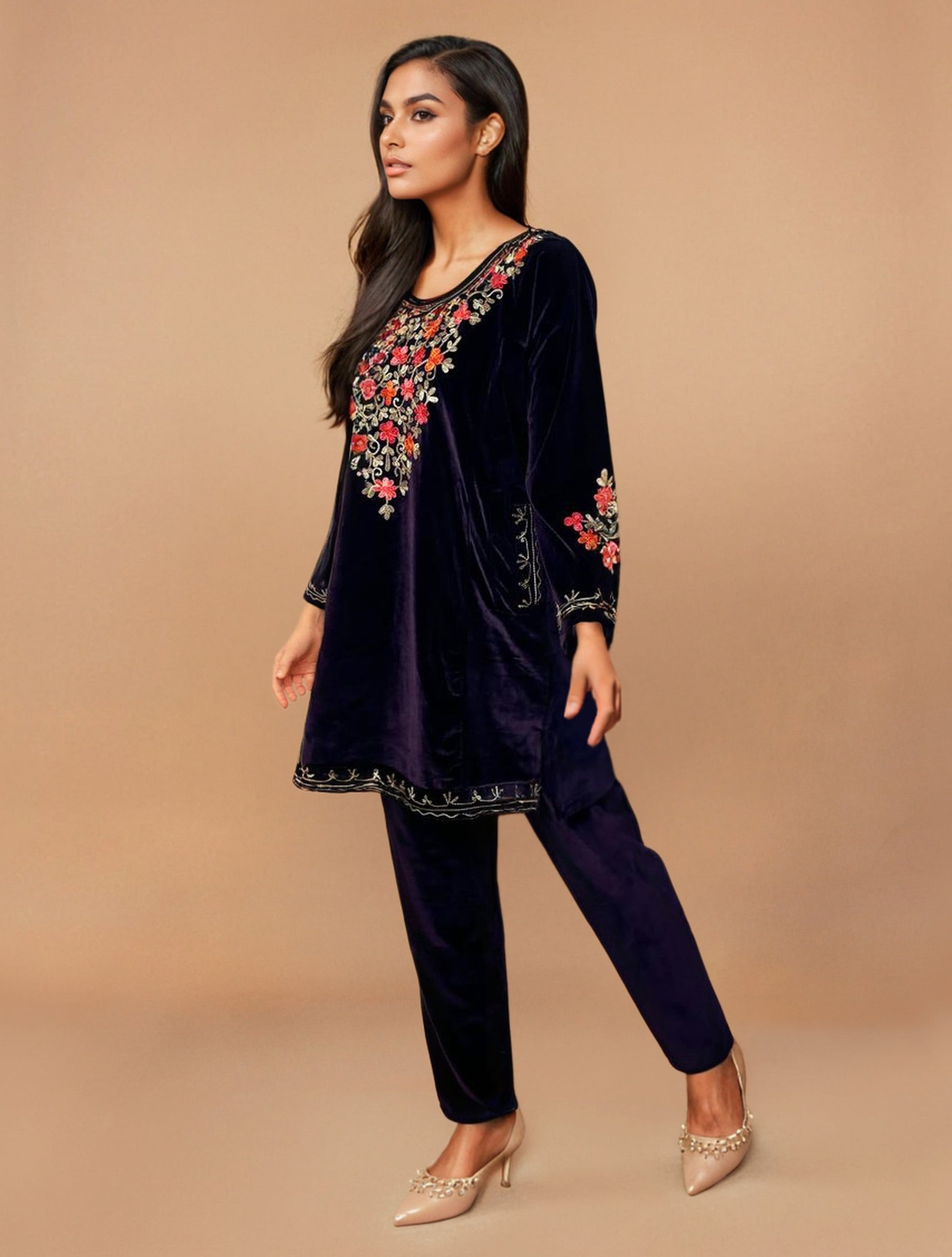 trueBrowns Purple Velvet Embroidered Co-ord Set - Swadesiicart