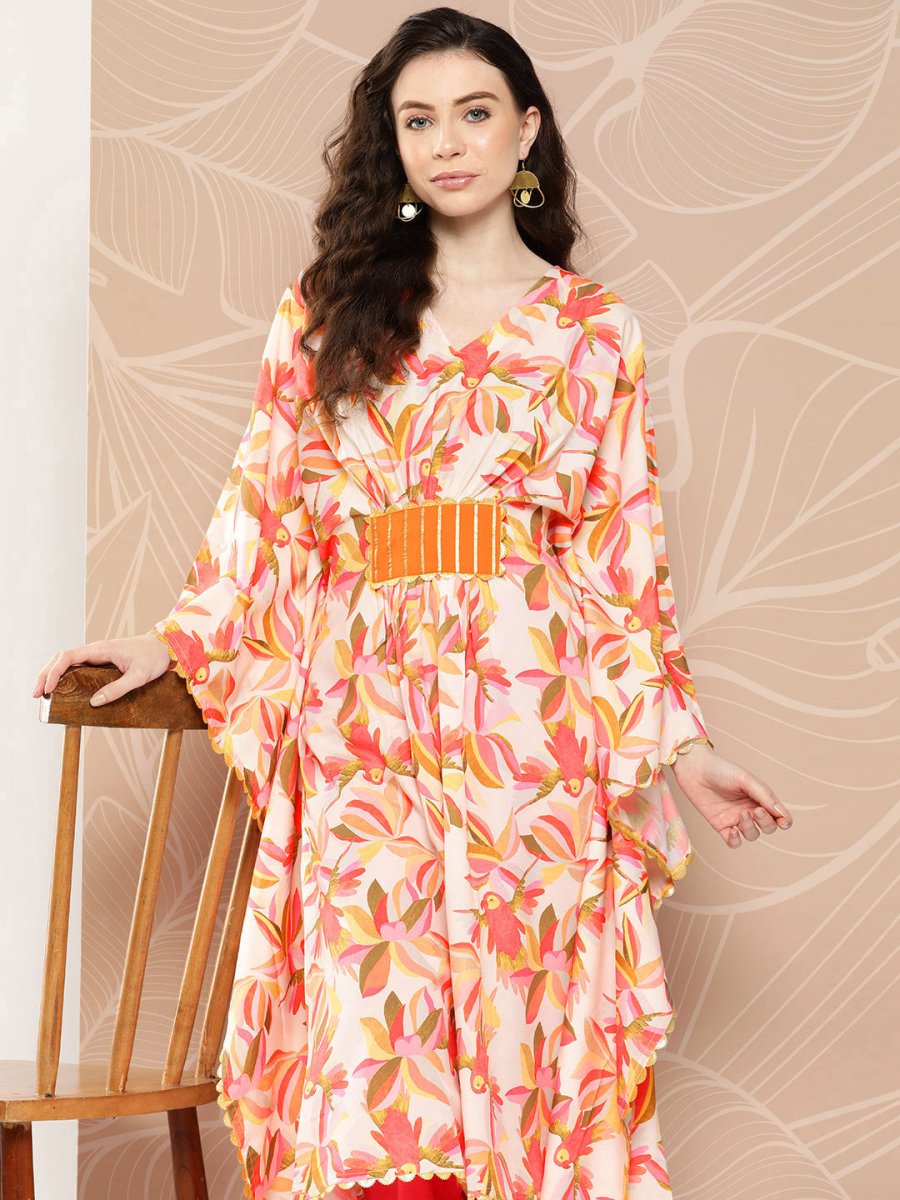 Ahalyaa Women Floral Printed Flared Sleeves Gotta Patti Crepe Kaftan Kurta | Swadesiicart
