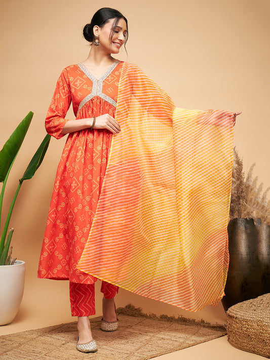 InWeave Women's Orange S Print Alia Cut Gota Work Kurta Set W Mustard Le Du - Swadesiicart