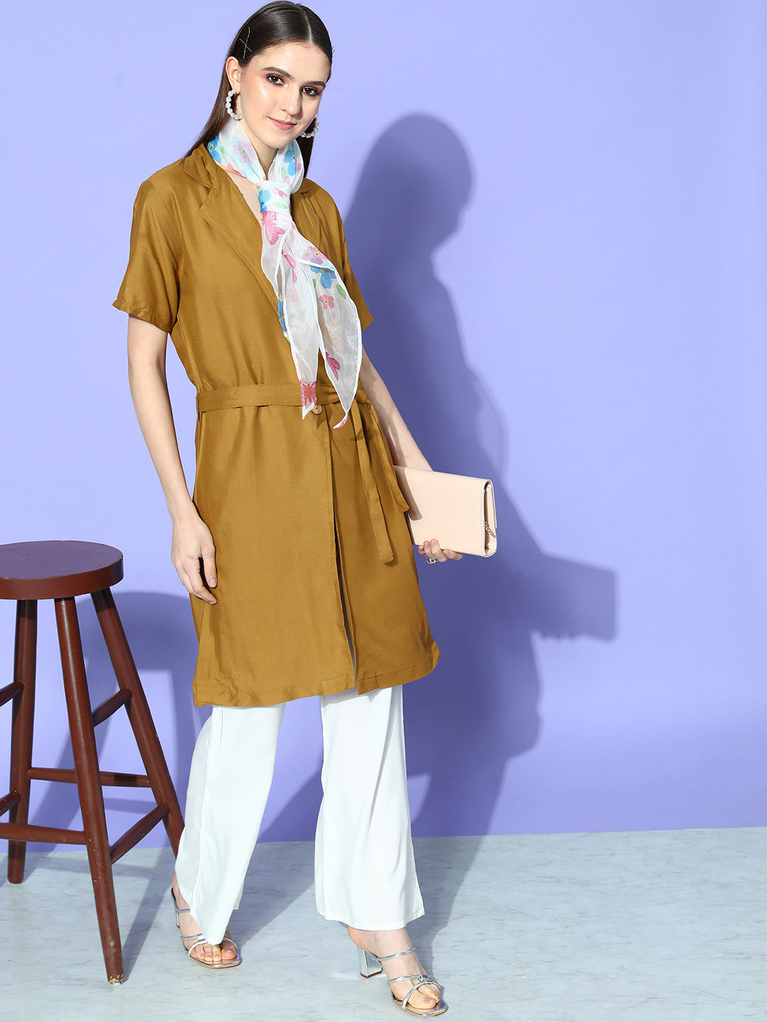 InWeave Women's Camel Brown Cream Pant Coord Set With White Butterfly Scarf - Swadesiicart