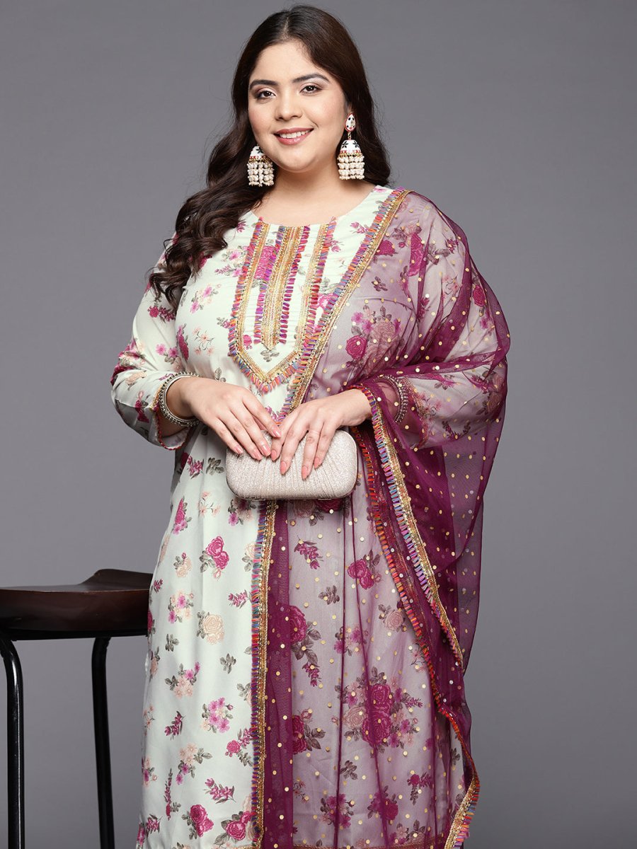 Ahalyaa Plus Size Floral Printed Zari Kurta with Palazzos & With Dupatta | Swadesiicart