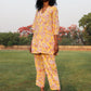 trueBrowns Yellow Cotton Block Print V-Square Neck Co-Ord Set - Swadesiicart