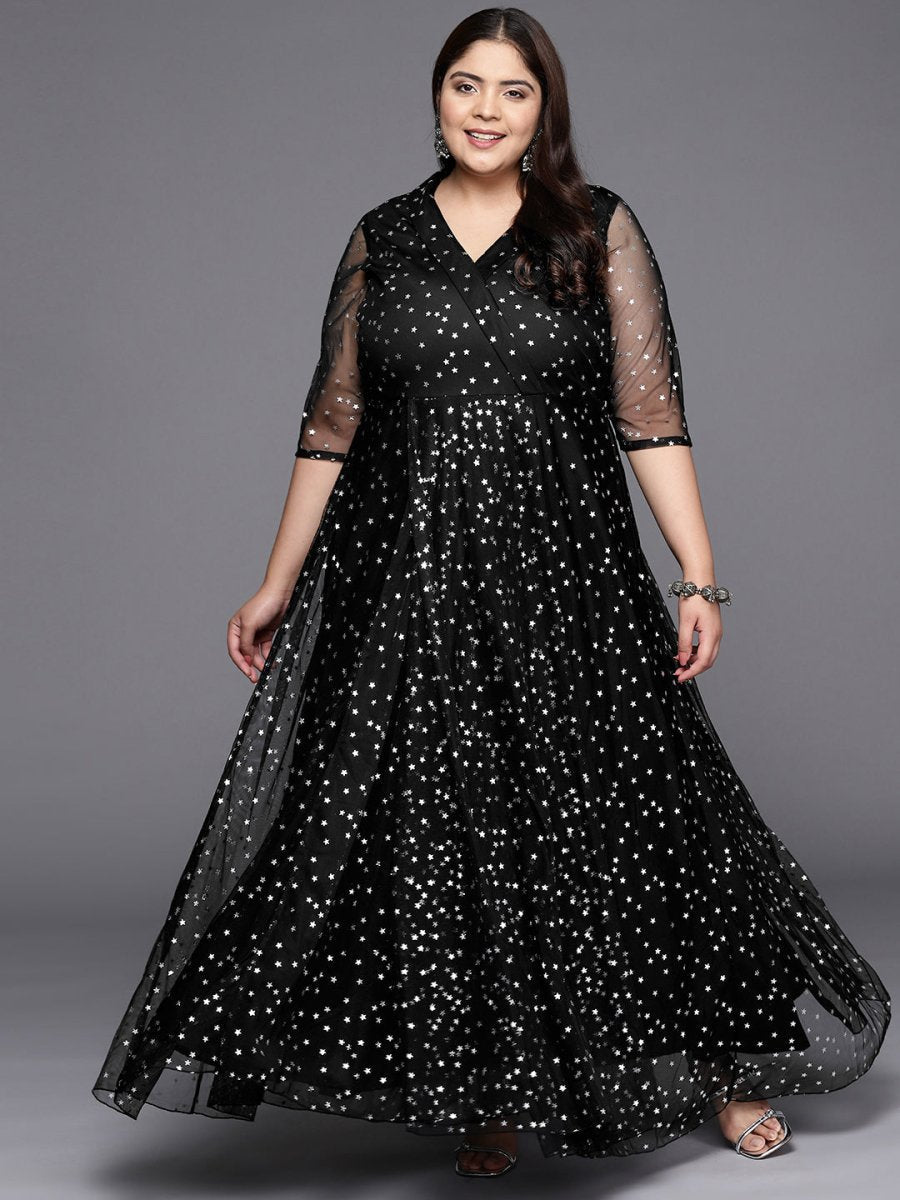 Ahalyaa Plus Size Printed Net V-neck Maxi Ethnic Dress | Swadesiicart