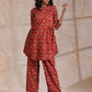 trueBrowns Rust Red Bagru Fish Print Cotton Gathers Co-Ord Set - Swadesiicart