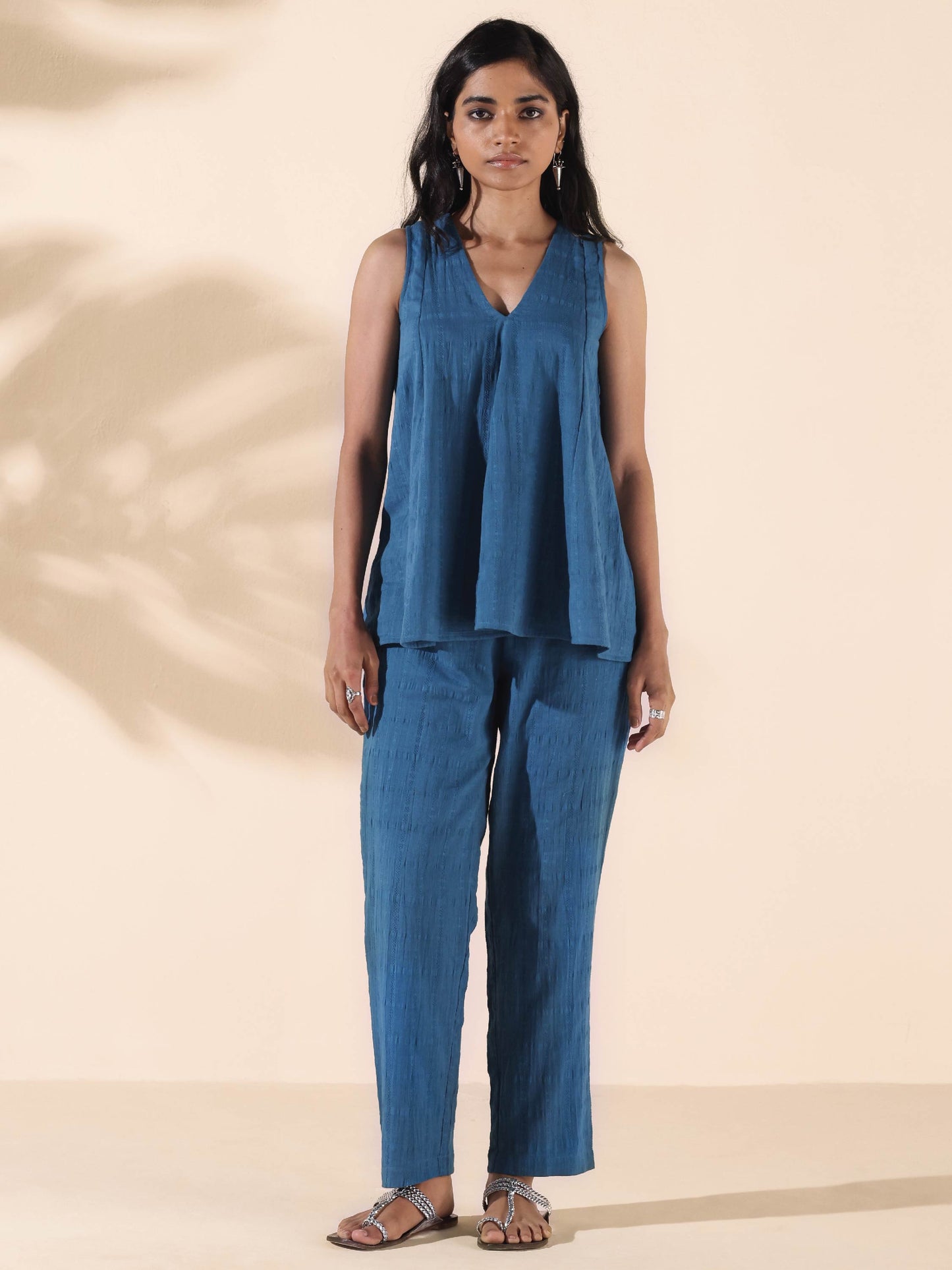 trueBrowns Blue Cotton Dobby Flared Co-ord Set - Swadesiicart