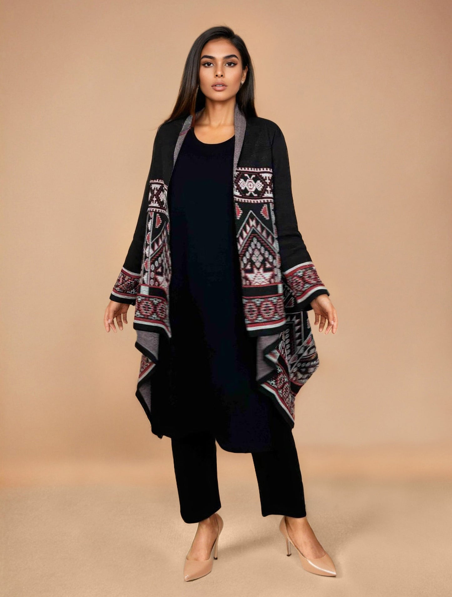 trueBrowns Black Woollen Geometric Kaftan Cape | Swadesiicart