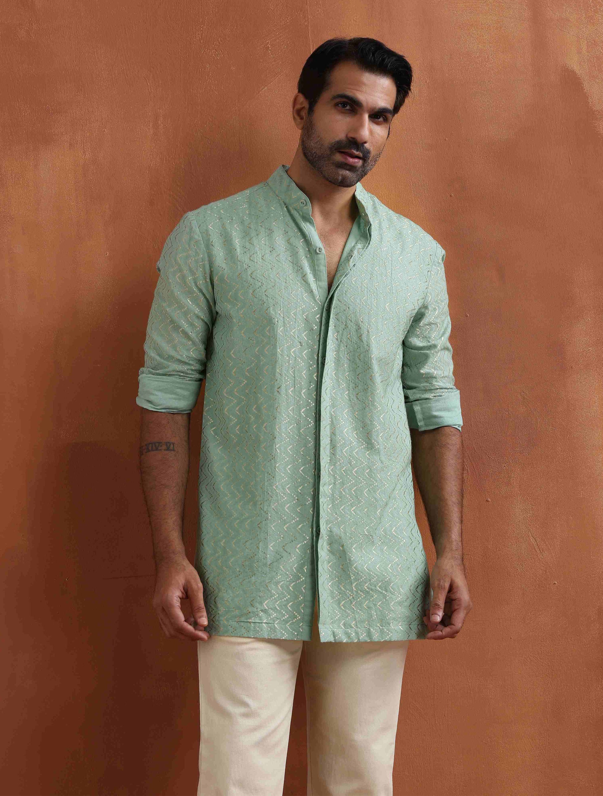 trueBrowns Men's Green Cotton Dobby Front Open Short Kurta | Swadesiicart