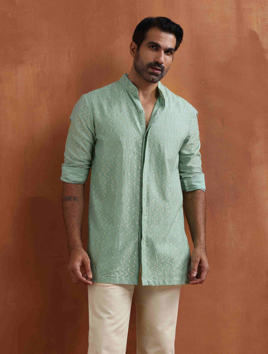 trueBrowns Men's Green Cotton Dobby Front Open Short Kurta | Swadesiicart