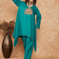 InWeave Women's Teal Trangle Yellow Patch Work Assymentrical Kurta Set - Swadesiicart