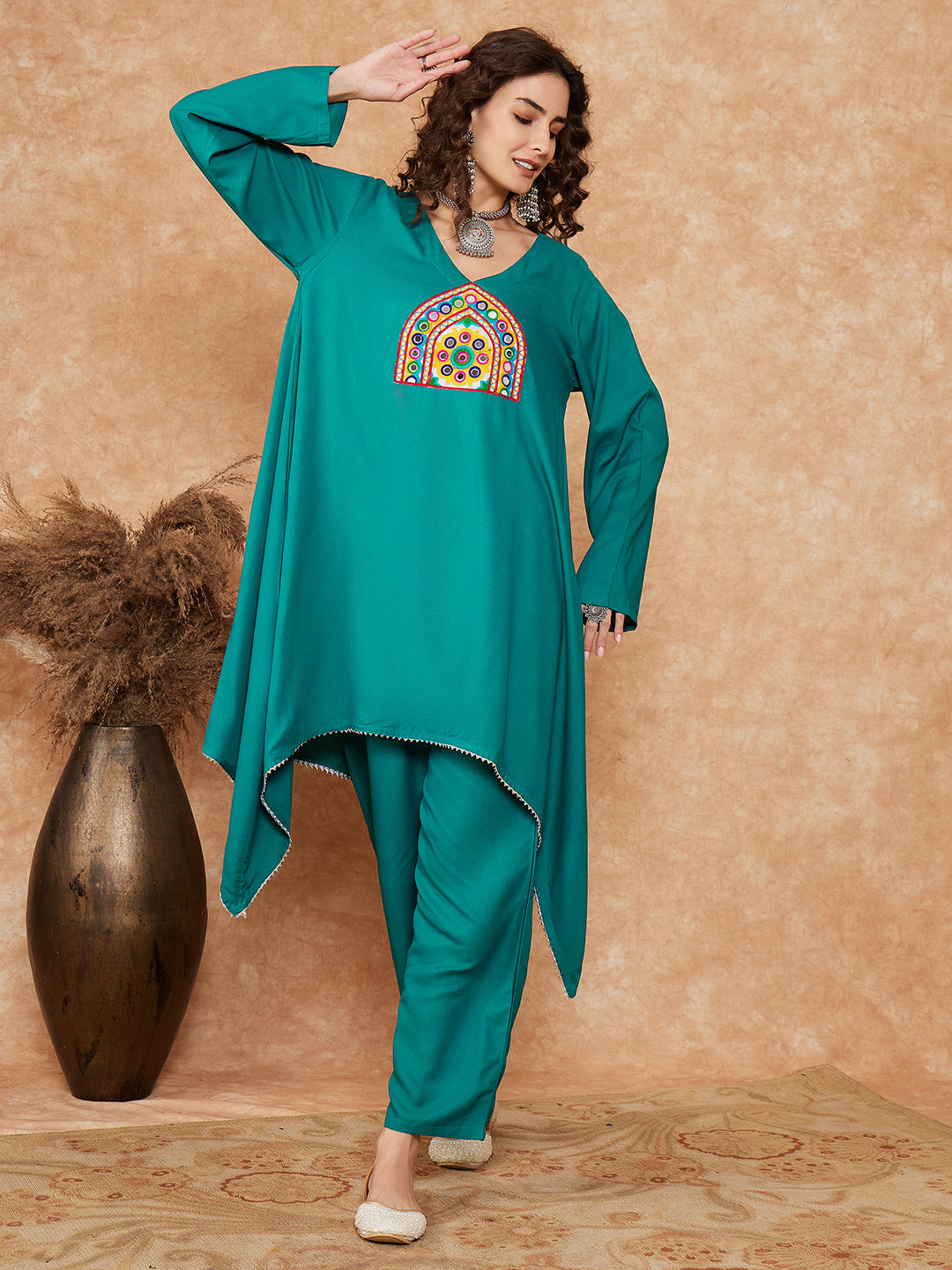 InWeave Women's Teal Trangle Yellow Patch Work Assymentrical Kurta Set - Swadesiicart