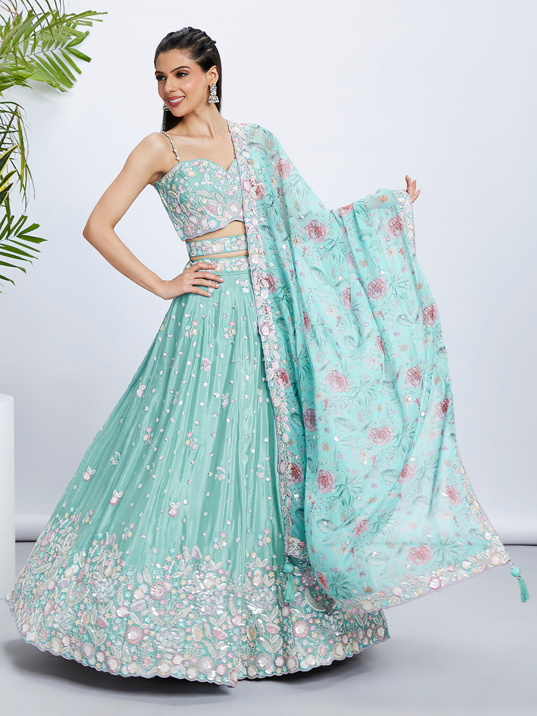 House of Panchhi Burgundy Georgette Sequins, Mirror And Thread Embroidery Lehenga Choli & Dupatta | Swadesiicart