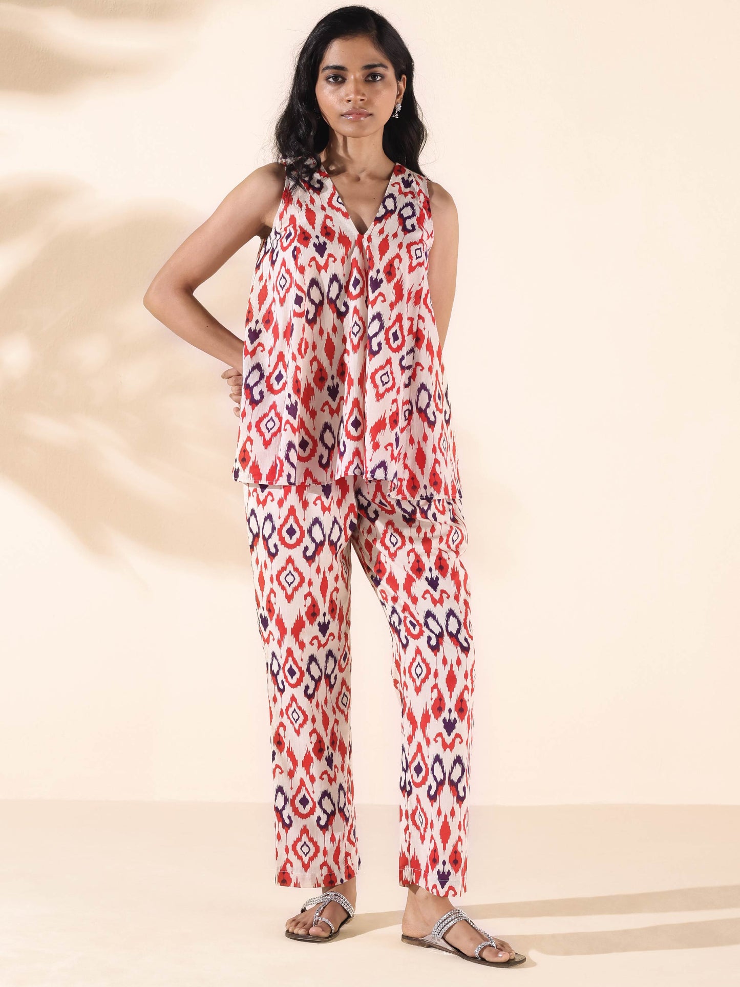 trueBrowns Carrot Cotton Ikat Flared Co-ord Set - Swadesiicart