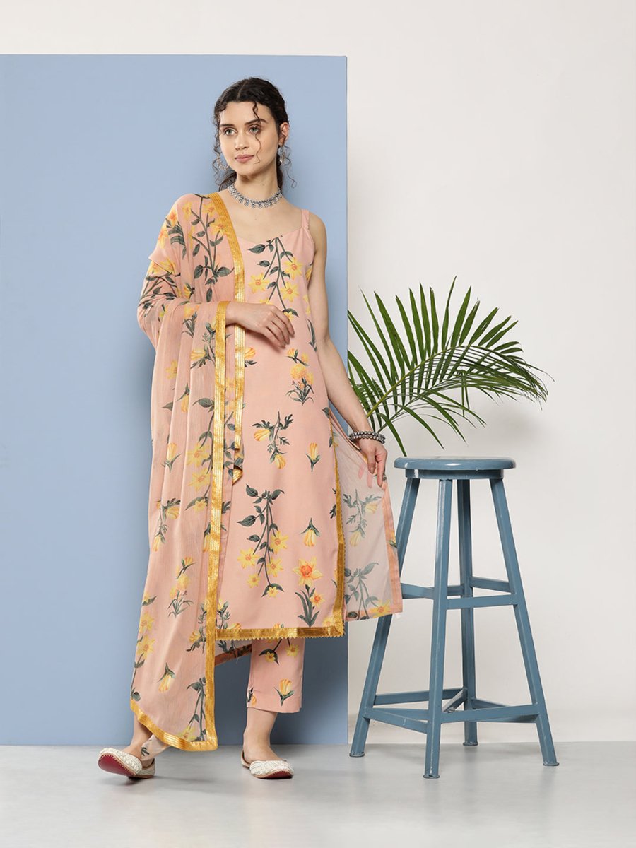 Ahalyaa Women Nude-Coloured Floral Printed Gotta Patti Kurta with Trousers & With Dupatta | Swadesiicart