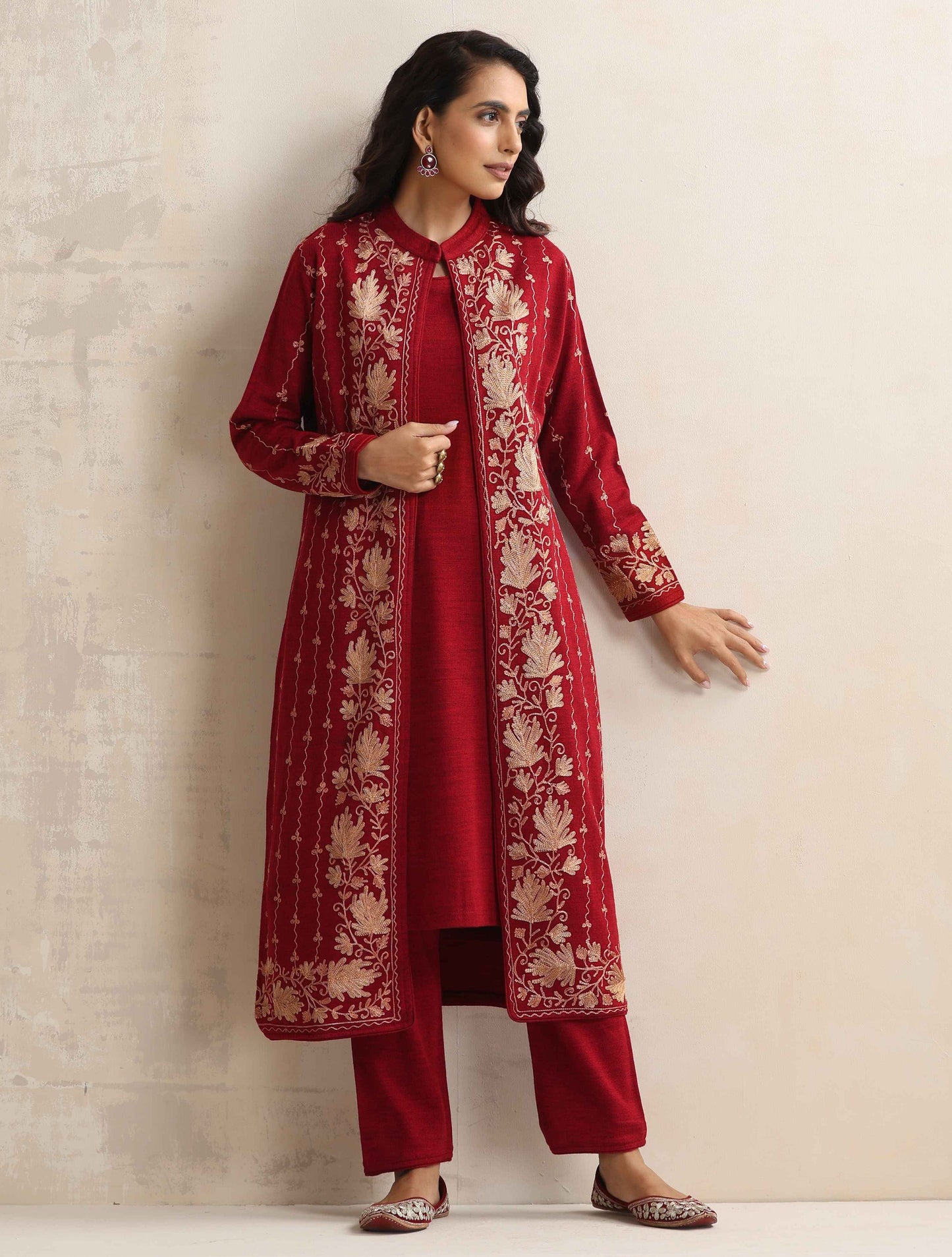 trueBrowns Red Kashmiri Woollen Jacket 3pc Set | Swadesiicart