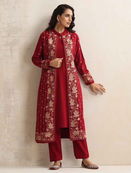 trueBrowns Red Kashmiri Woollen Jacket 3pc Set | Swadesiicart