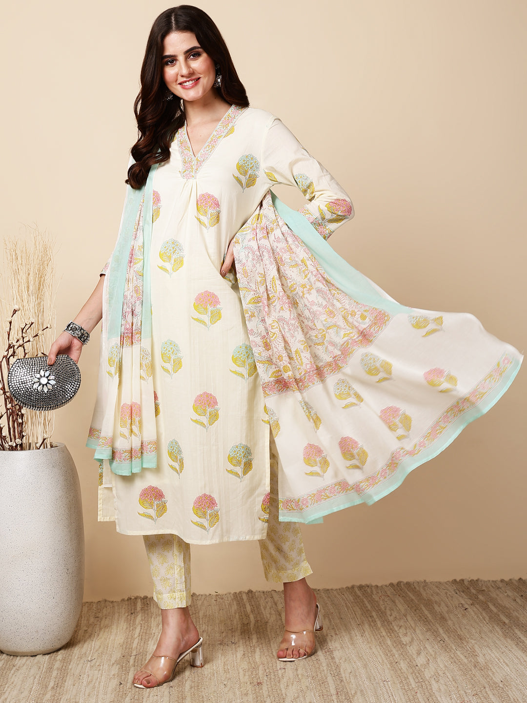 Antaran Cream Pure Cotton Floral Printed Kurta Pant And Dupatta Set - Swadesiicart