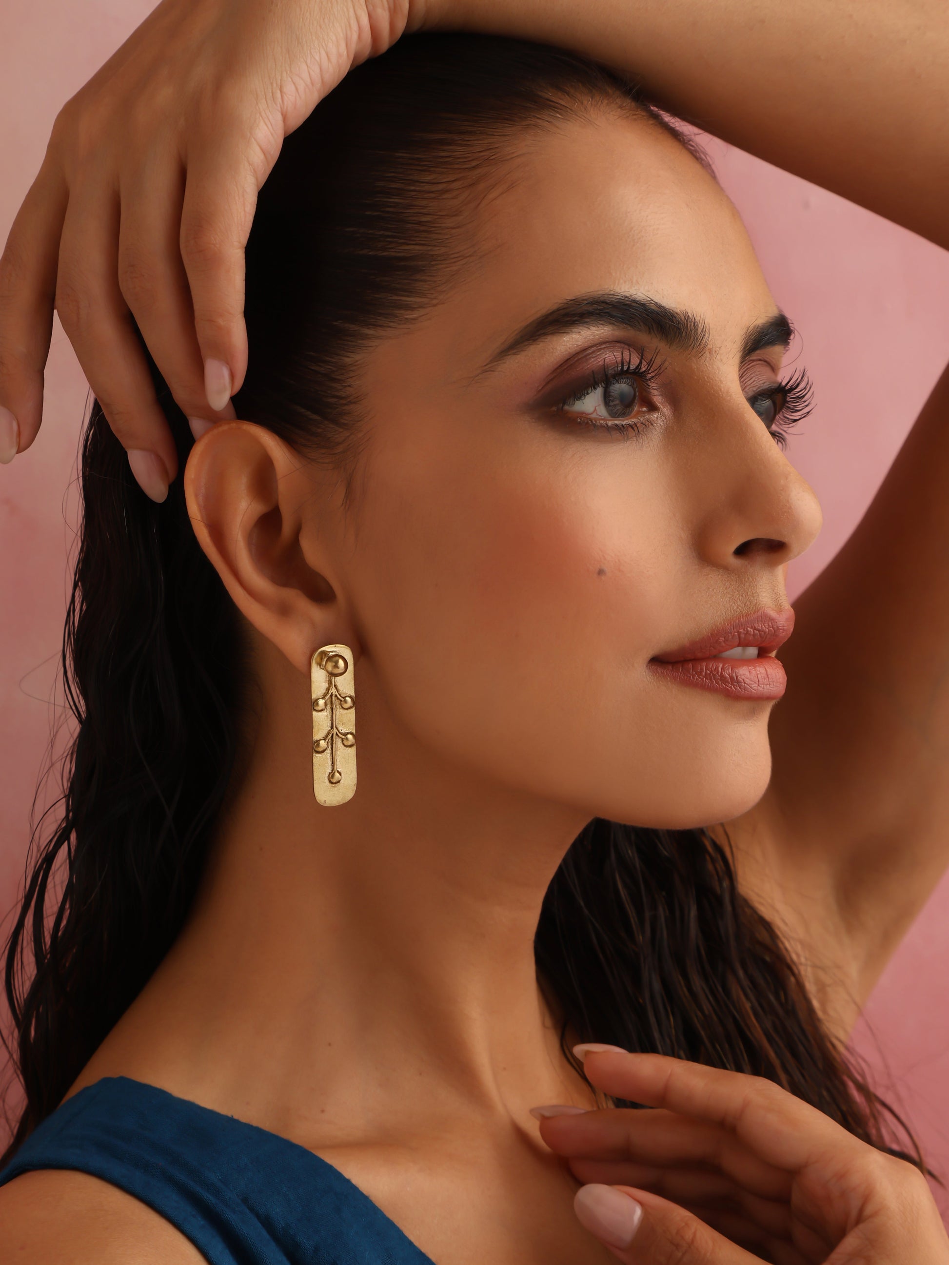trueBrowns Brass Embossed Rectangular Earrings - Swadesiicart
