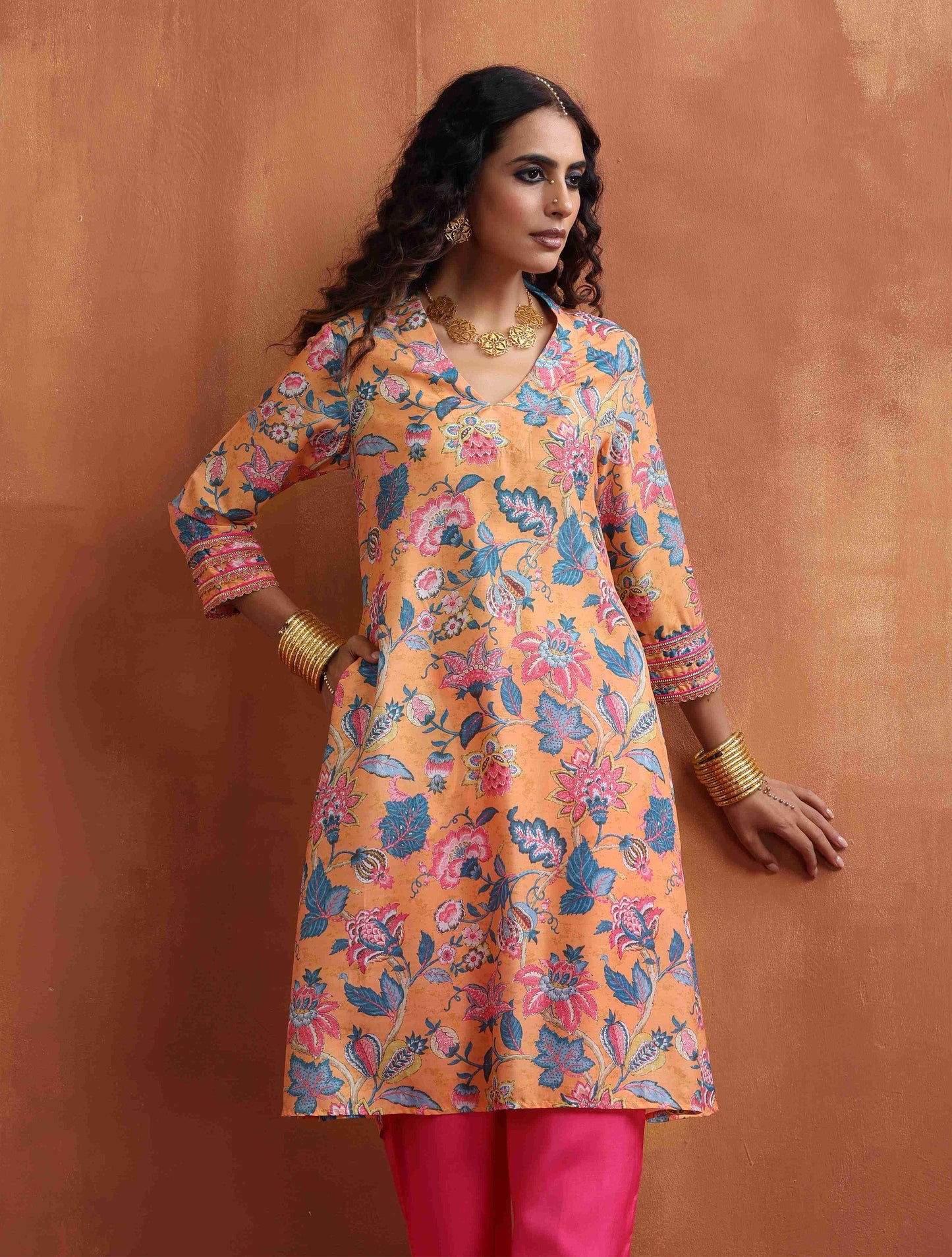 trueBrowns Orange Print Kurta Co-ord Set - Swadesiicart