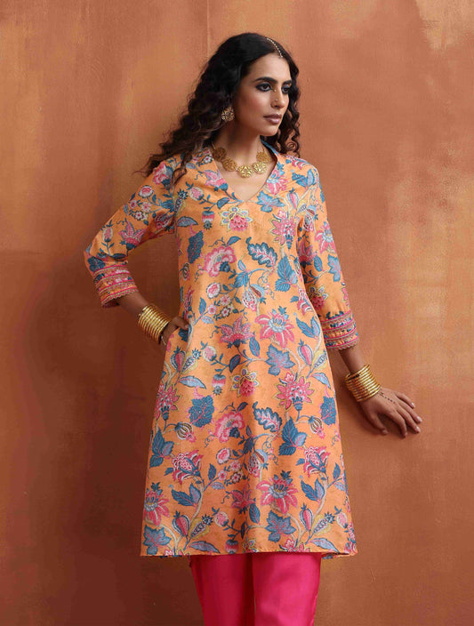 trueBrowns Orange Print Kurta Co-ord Set - Swadesiicart