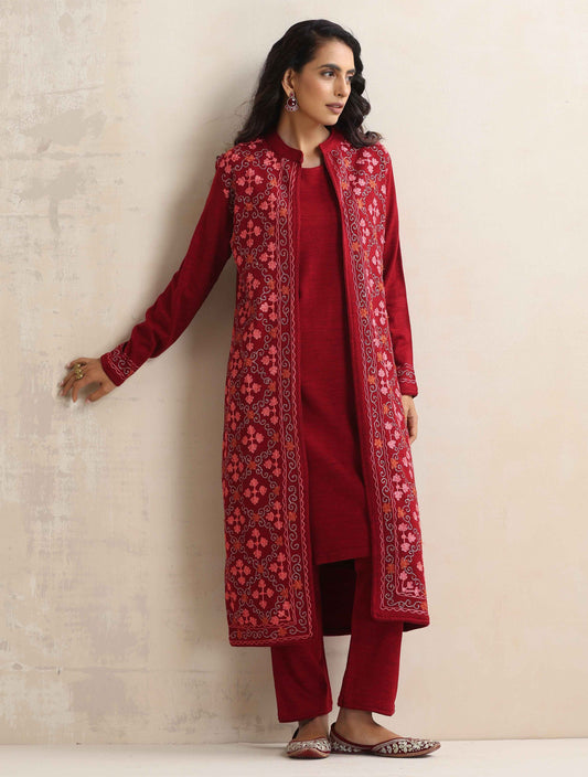 trueBrowns Maroon Kashmiri Woollen Jacket 3pc Set | Swadesiicart