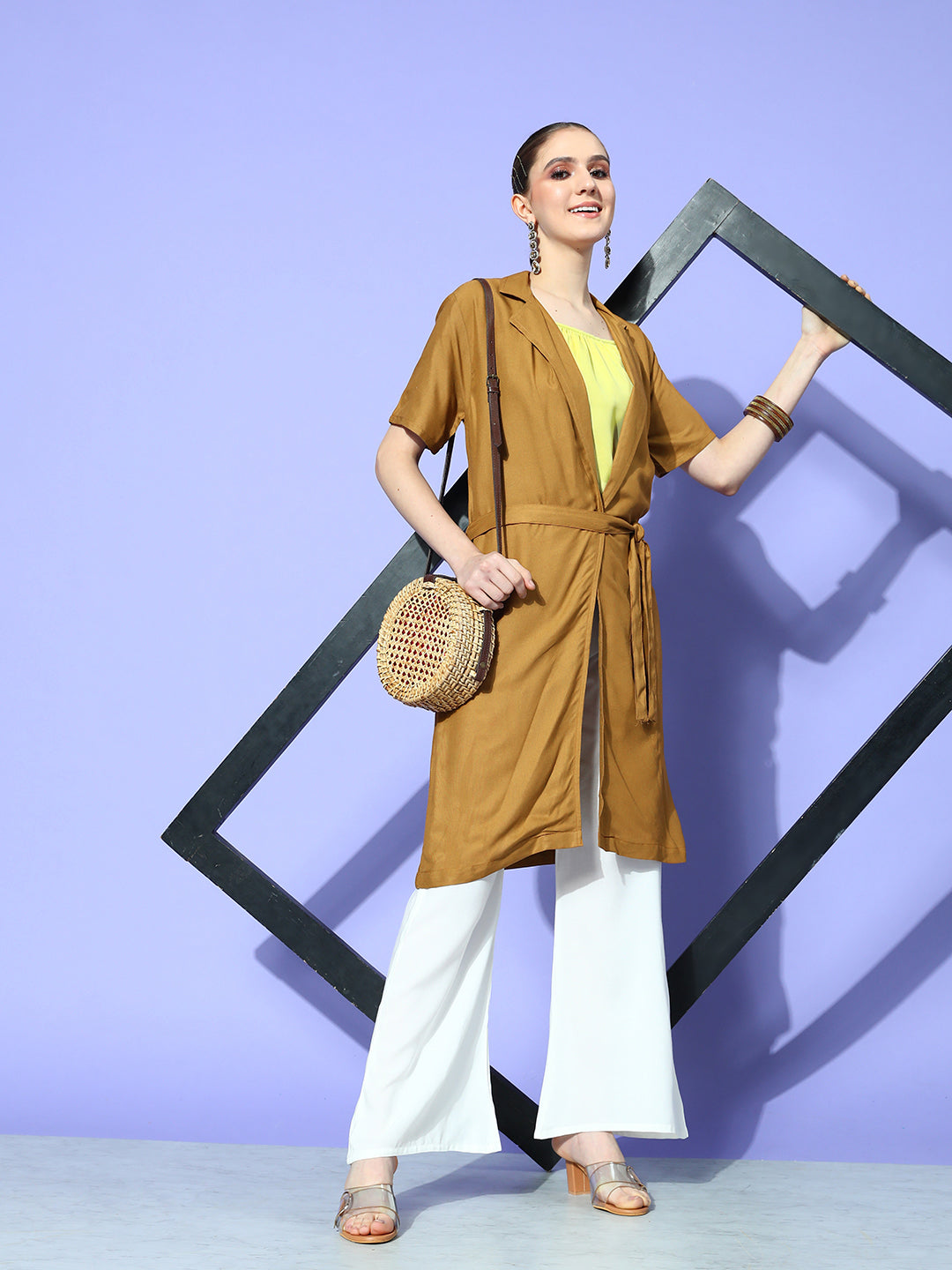 InWeave Women's Camel Brown Cream Pant Coord Set With Lime Green Crop Top - Swadesiicart