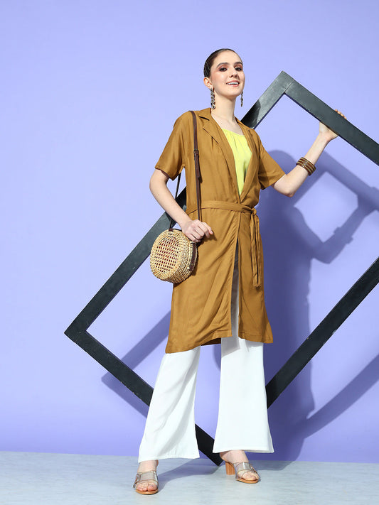 InWeave Women's Camel Brown Cream Pant Coord Set With Lime Green Crop Top - Swadesiicart