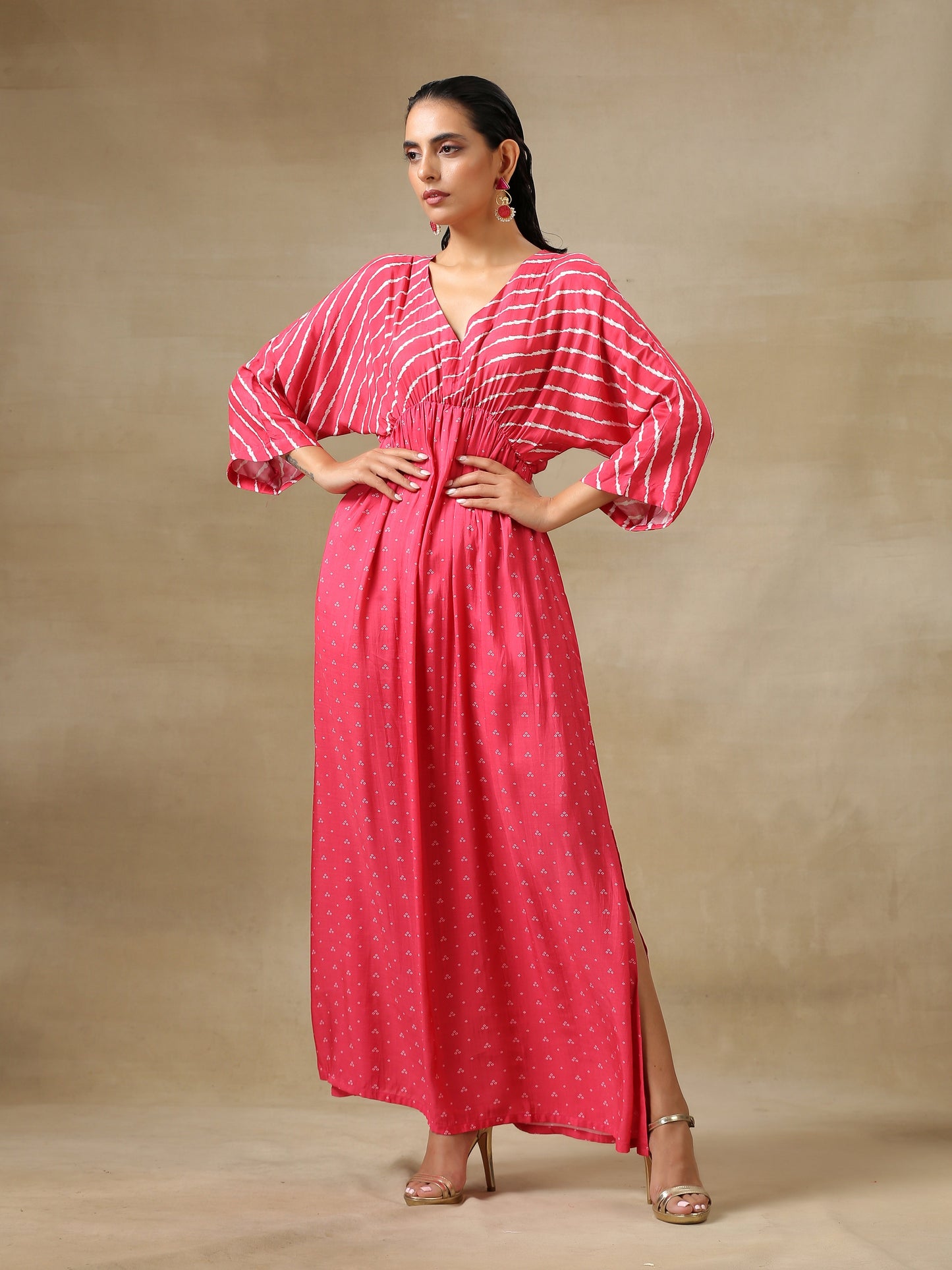 trueBrowns Pink Bandhani Printed Silk Drop Shoulder Dress | Swadesiicart